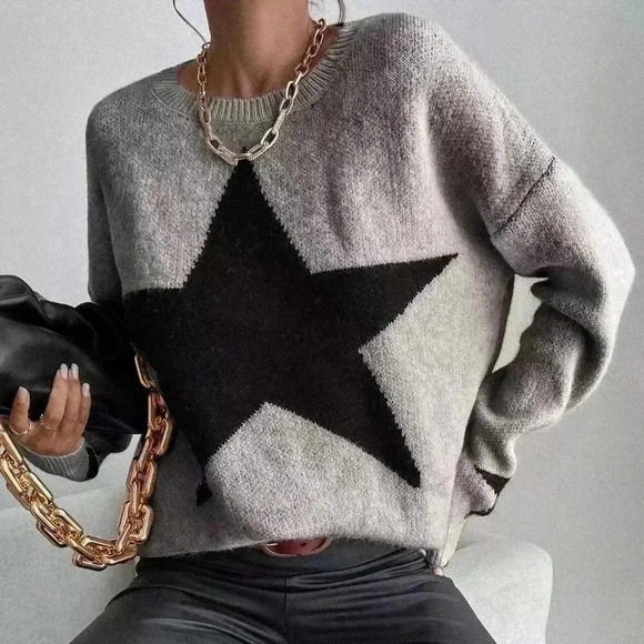 Grey Casual Women's Drop Shoulder Star Pattern Sweater - Picture 5 of 6